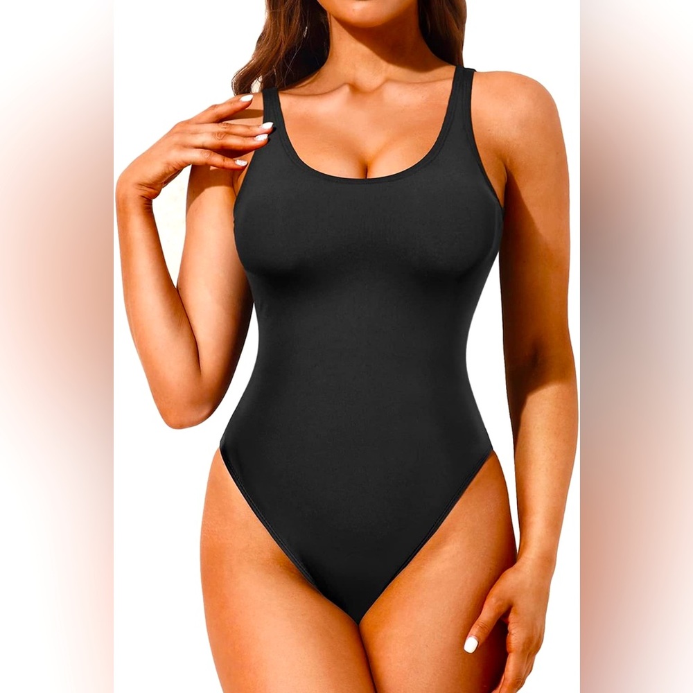 Tempt Me High Cut One Piece Swimsuit Tummy Control Low Back Scoop Neck Retro 80s